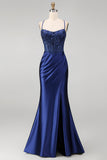 Navy Satin Embroidered Sequin Corset Ruched Mermaid Prom Dress with Slit
