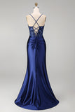 Navy Satin Embroidered Sequin Corset Ruched Mermaid Prom Dress with Slit