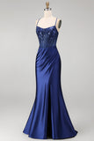 Navy Satin Embroidered Sequin Corset Ruched Mermaid Prom Dress with Slit