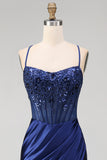 Navy Satin Embroidered Sequin Corset Ruched Mermaid Prom Dress with Slit