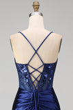 Navy Satin Embroidered Sequin Corset Ruched Mermaid Prom Dress with Slit