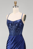 Navy Satin Embroidered Sequin Corset Ruched Mermaid Prom Dress with Slit