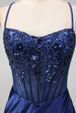 Navy Satin Embroidered Sequin Corset Ruched Mermaid Prom Dress with Slit