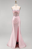 Pink Beaded Corset Ruched Satin Mermaid Long Prom Dress with Slit