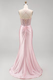 Pink Beaded Corset Ruched Satin Mermaid Long Prom Dress with Slit