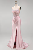 Pink Beaded Corset Ruched Satin Mermaid Long Prom Dress with Slit