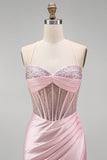 Pink Beaded Corset Ruched Satin Mermaid Long Prom Dress with Slit