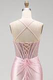 Pink Beaded Corset Ruched Satin Mermaid Long Prom Dress with Slit