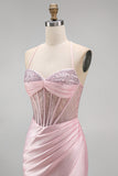 Pink Beaded Corset Ruched Satin Mermaid Long Prom Dress with Slit