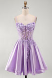 Lilac Beaded A Line Corset 3D Flower Beaded Satin Homecoming Dress