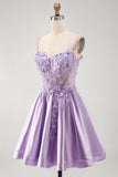 Lilac Beaded A Line Corset 3D Flower Beaded Satin Homecoming Dress