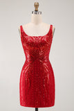 Burgundy Square Neck Bodycon Sequin Homecoming Dress