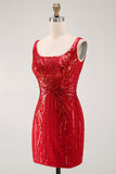 Burgundy Square Neck Bodycon Sequin Homecoming Dress
