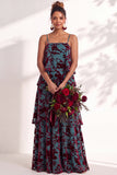 Blue Burgundy Flower A Line Tiered Burnout Velvet Bridesmaid Dress