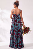 Blue Burgundy Flower A Line Tiered Burnout Velvet Bridesmaid Dress