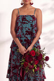 Blue Burgundy Flower A Line Tiered Burnout Velvet Bridesmaid Dress