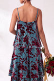 Blue Burgundy Flower A Line Tiered Burnout Velvet Bridesmaid Dress