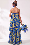 Blue Burgundy Flower A Line Tiered Burnout Velvet Bridesmaid Dress