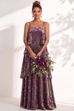 Blue Burgundy Flower A Line Tiered Burnout Velvet Bridesmaid Dress