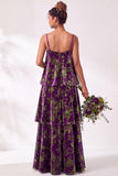 Blue Burgundy Flower A Line Tiered Burnout Velvet Bridesmaid Dress