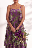 Blue Burgundy Flower A Line Tiered Burnout Velvet Bridesmaid Dress