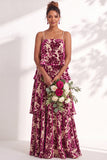Blue Burgundy Flower A Line Tiered Burnout Velvet Bridesmaid Dress