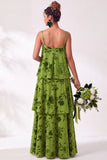 Blue Burgundy Flower A Line Tiered Burnout Velvet Bridesmaid Dress