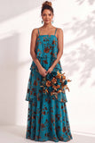 Blue Burgundy Flower A Line Tiered Burnout Velvet Bridesmaid Dress