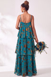 Blue Burgundy Flower A Line Tiered Burnout Velvet Bridesmaid Dress