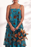 Blue Burgundy Flower A Line Tiered Burnout Velvet Bridesmaid Dress