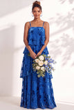 Blue Burgundy Flower A Line Tiered Burnout Velvet Bridesmaid Dress