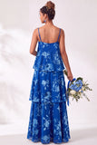 Blue Burgundy Flower A Line Tiered Burnout Velvet Bridesmaid Dress