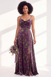 Dusty Purple Burnout Velvet Cowl Neck A Line Bridesmaid Dress with Slit