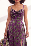 Dusty Purple Burnout Velvet Cowl Neck A Line Bridesmaid Dress with Slit