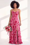 Dusty Purple Burnout Velvet Cowl Neck A Line Bridesmaid Dress with Slit