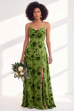 Dusty Purple Burnout Velvet Cowl Neck A Line Bridesmaid Dress with Slit