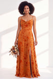 Dusty Purple Burnout Velvet Cowl Neck A Line Bridesmaid Dress with Slit