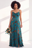 Dusty Purple Burnout Velvet Cowl Neck A Line Bridesmaid Dress with Slit