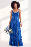 Dusty Purple Burnout Velvet Cowl Neck A Line Bridesmaid Dress with Slit