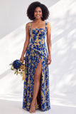 Burnout Velvet Square Neck Blue Flower Bridesmaid Dress with Slit
