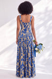 Burnout Velvet Square Neck Blue Flower Bridesmaid Dress with Slit