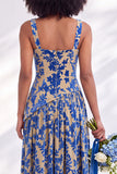 Burnout Velvet Square Neck Blue Flower Bridesmaid Dress with Slit