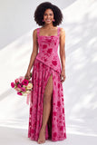 Burnout Velvet Square Neck Blue Flower Bridesmaid Dress with Slit