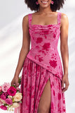 Burnout Velvet Square Neck Blue Flower Bridesmaid Dress with Slit