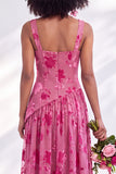 Burnout Velvet Square Neck Blue Flower Bridesmaid Dress with Slit