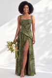 Burnout Velvet Square Neck Blue Flower Bridesmaid Dress with Slit