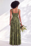 Burnout Velvet Square Neck Blue Flower Bridesmaid Dress with Slit