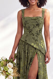 Burnout Velvet Square Neck Blue Flower Bridesmaid Dress with Slit