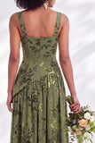 Burnout Velvet Square Neck Blue Flower Bridesmaid Dress with Slit