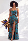 Burnout Velvet Square Neck Blue Flower Bridesmaid Dress with Slit